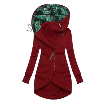 Chaqueta larga con capucha y cremallera asimétrica