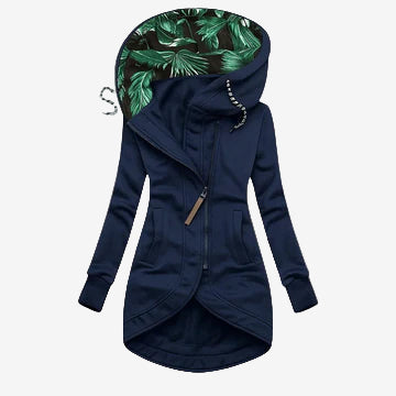 Chaqueta larga con capucha y cremallera asimétrica